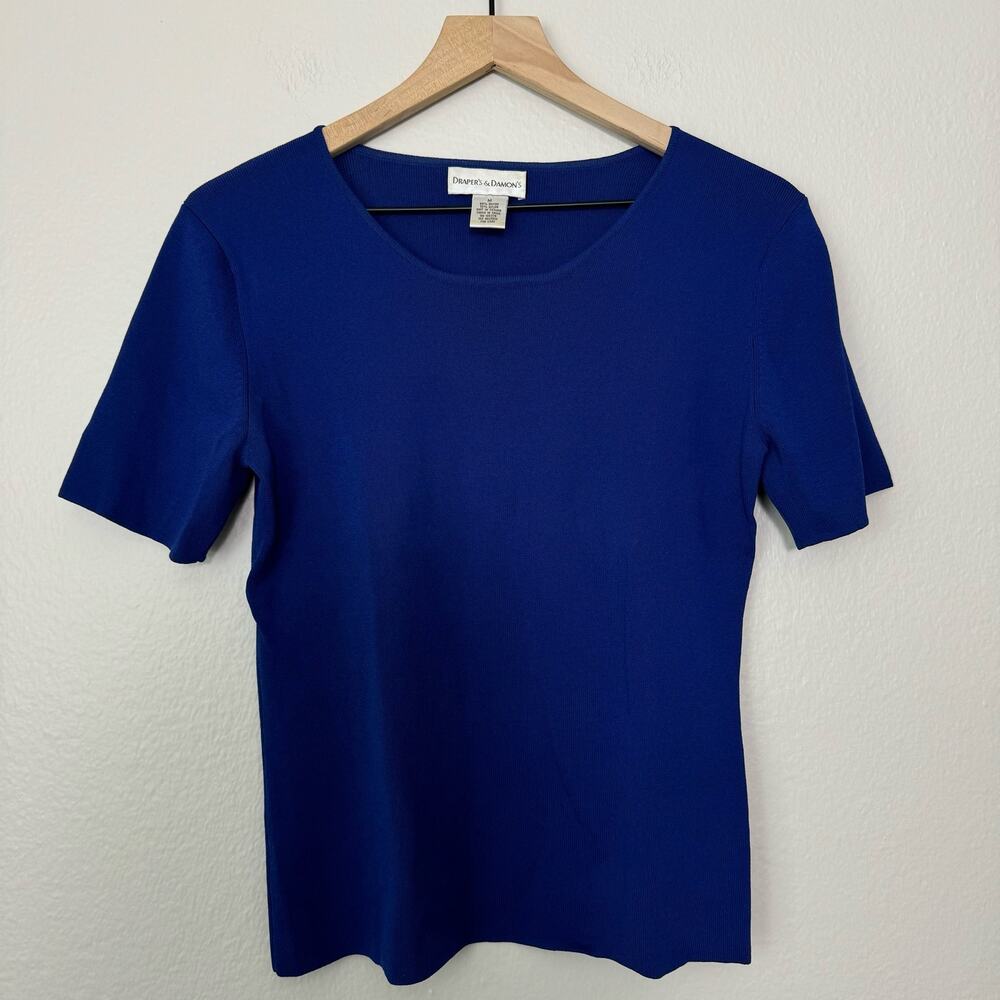 Vintage Draper's & Damons Womens Blue Short Sleeve Blouse Crop Size Medium Top